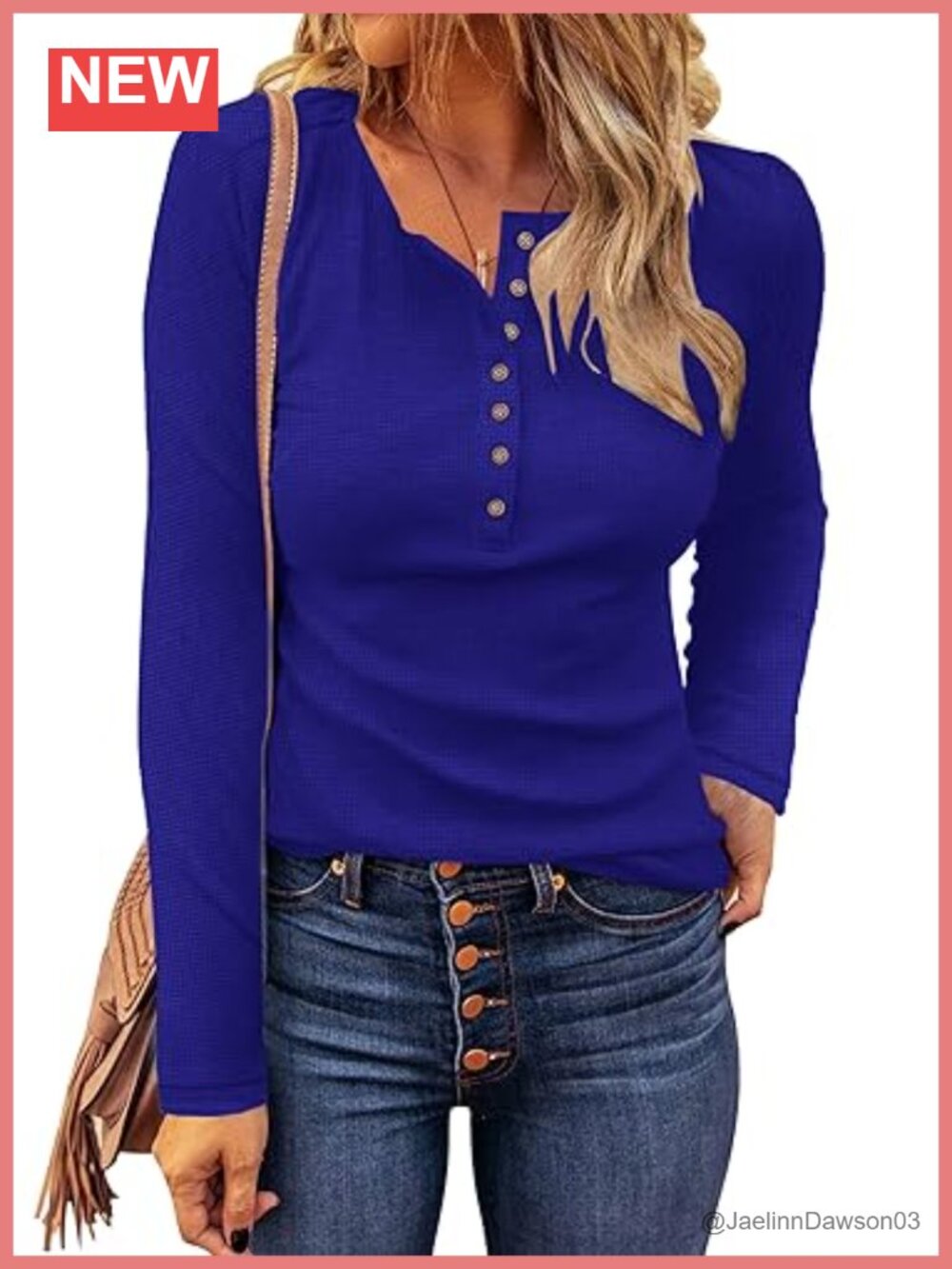 Waffle Knit Tunic Top Long Sleeve Henley Button Front Slim Fit Casual